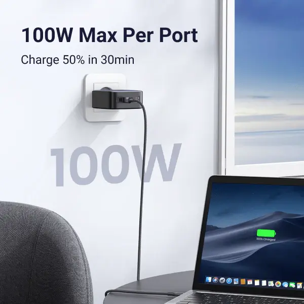 UGREEN 100W 4-Port 3C1A GaN Fast PD Charger Laptop Tablet Phone Desktop USB-C Wall Charger Multi Device Charging (40747) - Image 5