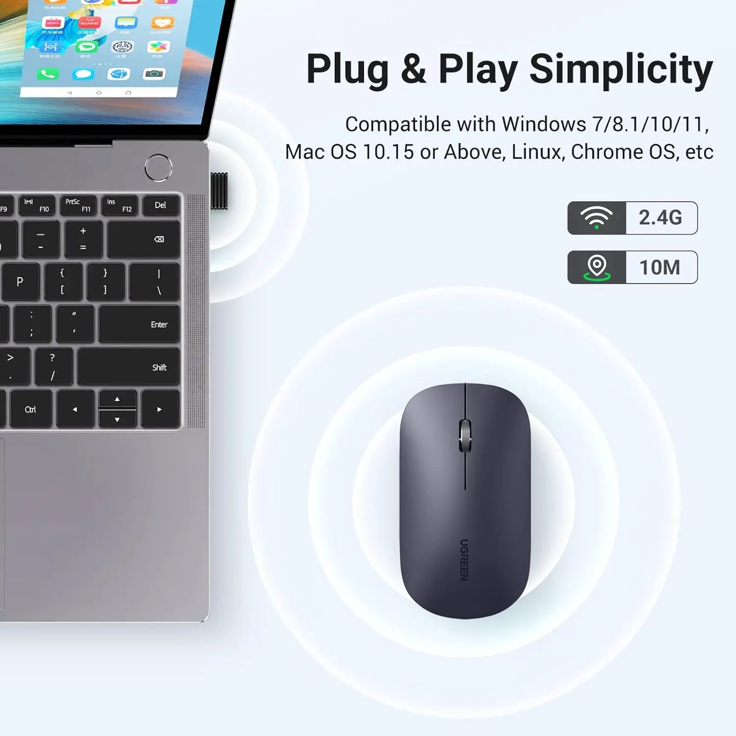 UGREEN 2.4G Silent Wireless Optical Mouse USB Receiver 4000 DPI PC Laptop Computer Chromebook MacBook Black Ergonomic (90372) - Image 7