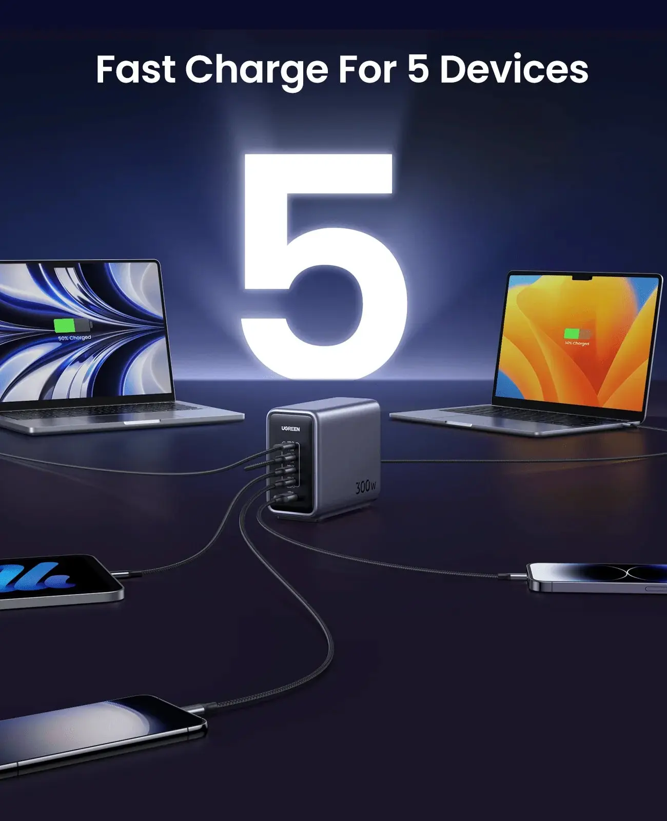 UGREEN Nexode 300W USB-C GaN Charger 5-Port Desktop Station 4 USB-C 1 USB-A MacBook Pro iPhone 15 iPad Steam Deck 90903B - Image 4