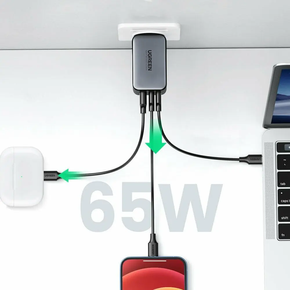 UGREEN 65W 3-Port 2C1A USB C Charger PPS GaN Fast Charger Desktop Laptop Wall Charger Multi Device Charging Hub (10335) - Image 5