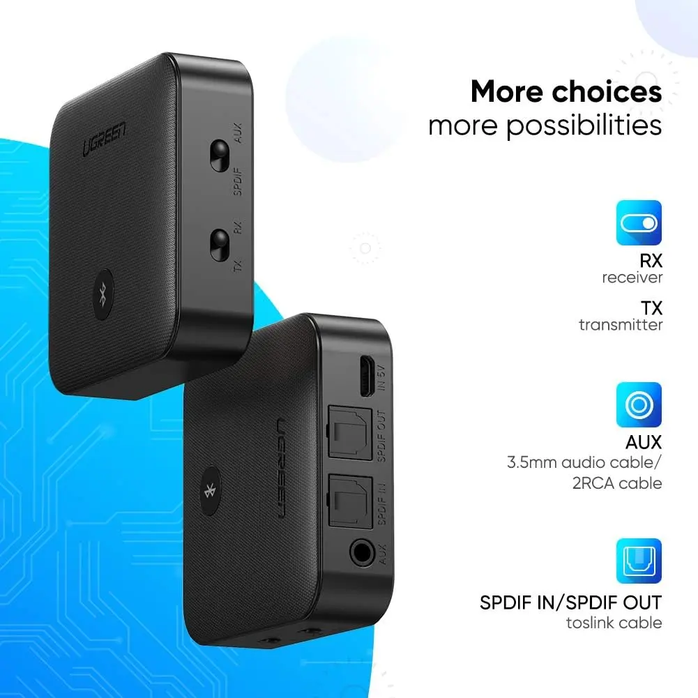 UGREEN Bluetooth 5.0 Transmitter Receiver 2-in-1 aptX Low Latency Wireless Audio Adapter TV Car AUX Optical USB 70158 - Image 3
