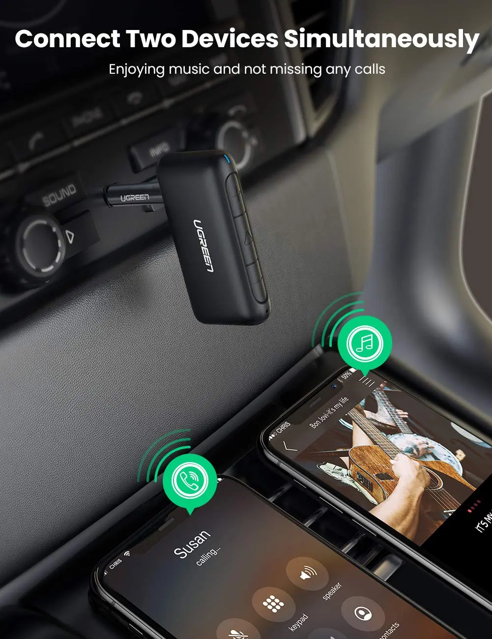 UGREEN Portable Bluetooth 5.0 Receiver Car Wireless Audio Adapter 3.5mm AUX Stereo Output Built-in Microphone 70303 - Image 3